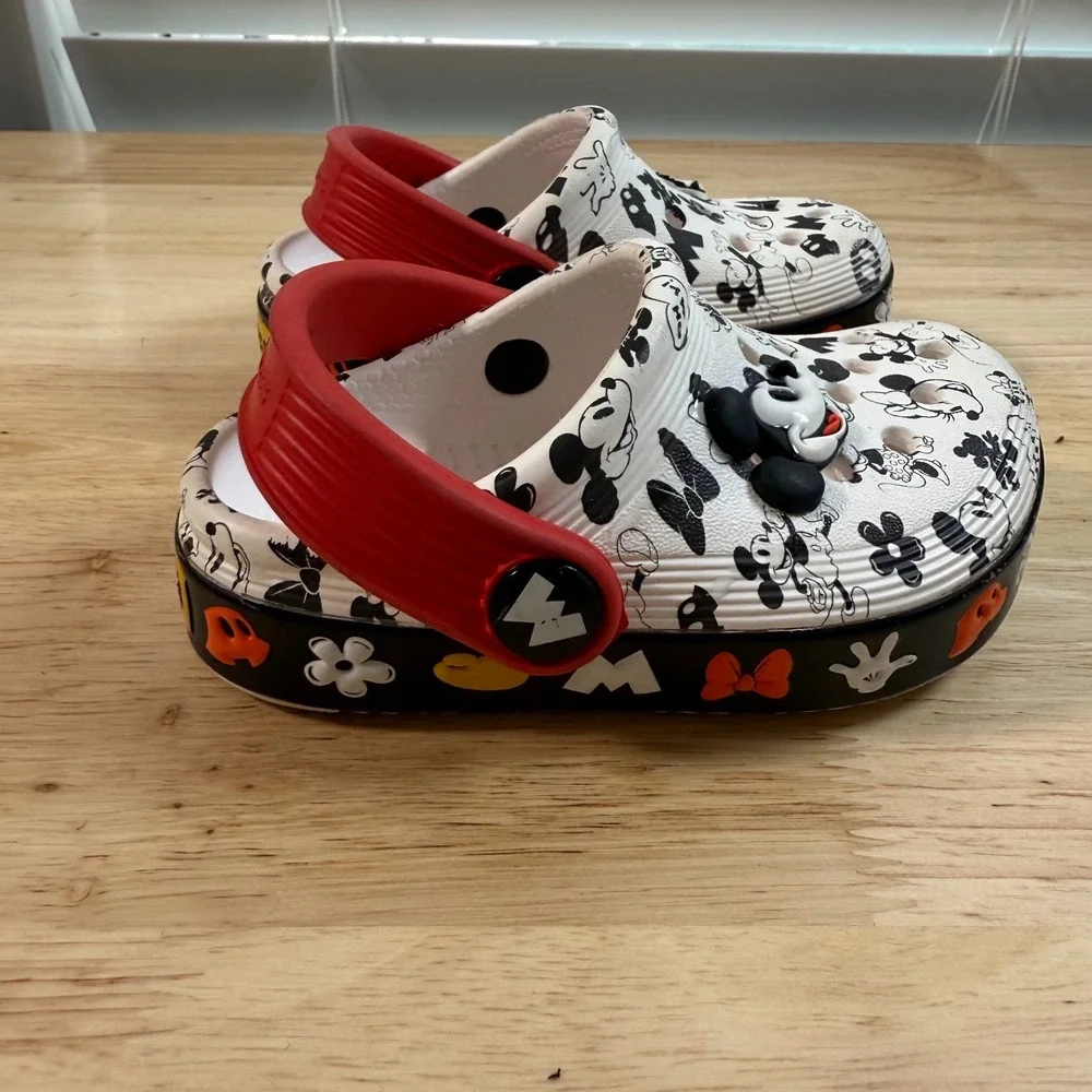 CROCS Kids White Black Mickey & Minnie Character Clogs with Red Strap